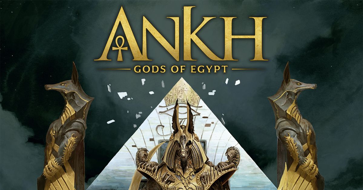Box art for Ankh: Gods of Egypt, showing ornate Egyptian deity miniatures rendered in gold and blue against a pyramid backdrop