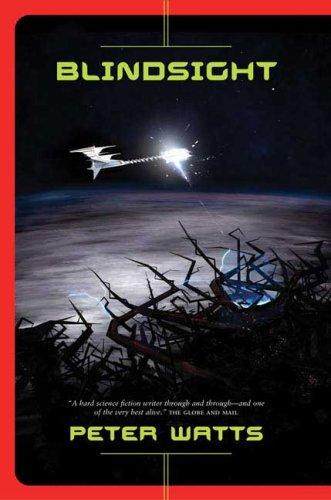 Cover of Blindsight by Peter Watts, showing a spacecraft silhouette against a glowing planetary horizon streaked with debris