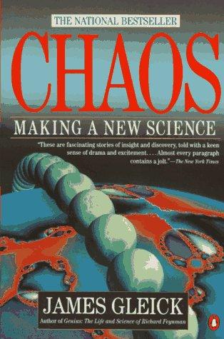 Cover of Chaos: Making a New Science by James Gleick, showing an abstract swirling fractal-pattern illustration with the title in red block letters