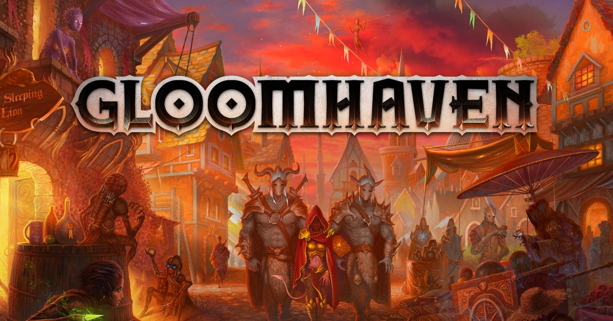 Box art for the board game Gloomhaven, showing armored adventurers battling a horde of monsters in a dark stone dungeon