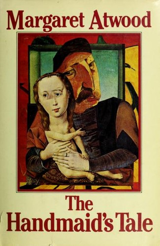 Paperback cover of The Handmaid's Tale by Margaret Atwood, showing a stylized painting of a woman in red holding a child, reproduced from a Northern Renaissance-style religious portrait