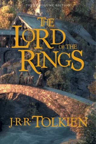 Single-volume cover of The Lord of the Rings by J.R.R. Tolkien, showing an illustrated stone bridge leading toward a village nestled among autumn hills