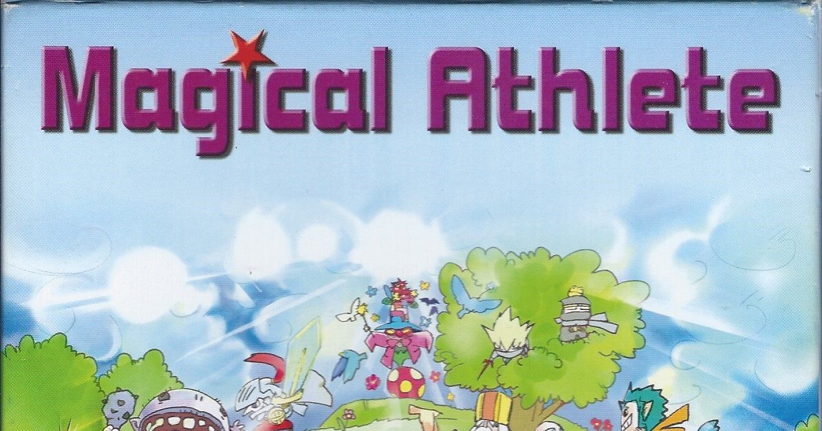 Box art for Magical Athlete, showing an ensemble of whimsical fantasy characters, including a troll and a philosopher, lined up at a starting line