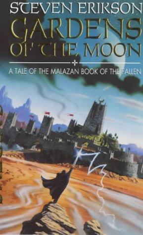 Cover of Gardens of the Moon by Steven Erikson, the first volume of the Malazan Book of the Fallen, illustrated with a fantasy siege scene of a walled city under a lightning-streaked sky