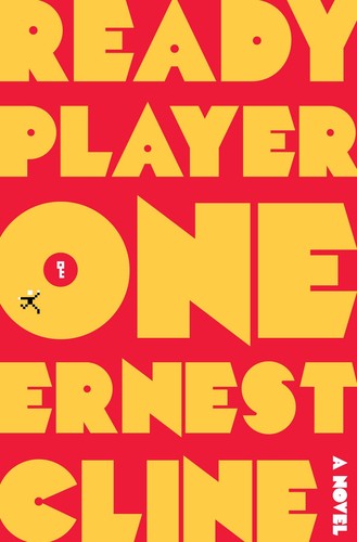 Cover of Ready Player One by Ernest Cline, bold yellow block lettering on a red background with a small pixel-art key and running figure icon