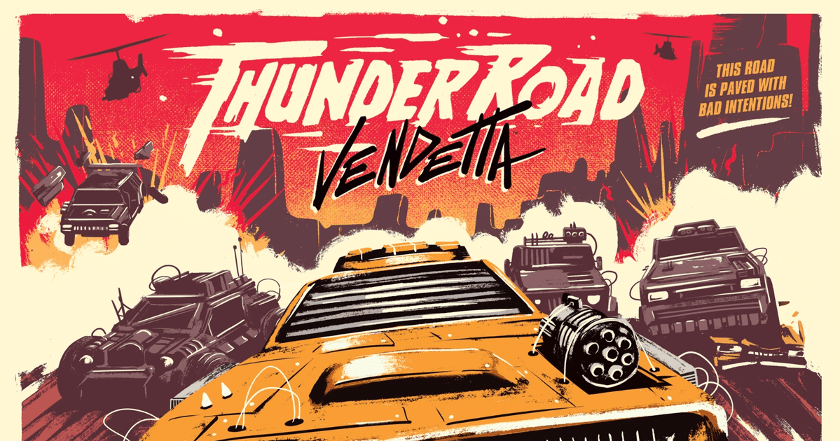 Box art for Thunder Road: Vendetta, showing armored war vehicles racing across a desert wasteland with a helicopter overhead, in a Mad Max-inspired art style