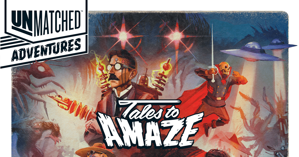 Box art for Unmatched: Tales to Amaze, showing a Jurassic Park-style raptor and a giant moth monster locked in combat against pulp-adventure heroes